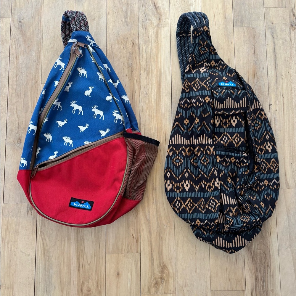 Kavu Blue Moose & Black/Tan Pattern Sling Bag Duo